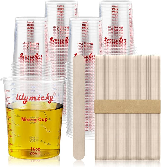 16 oz Plastic Mixing Cups, 100 Pack 16 oz (500ml) Disposable Measuring Cups with 100 Wooden Mixing Sticks, Can Be Used for Epoxy Resin, Liquid Measuring, Paint, Cooking and Baking by Lilymicky