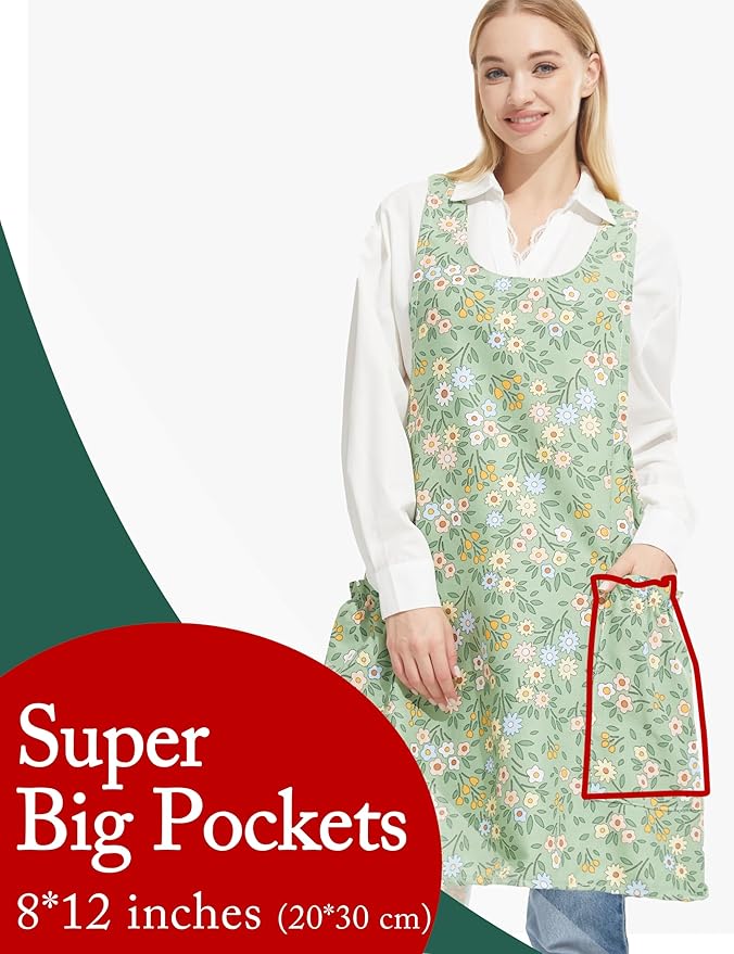 Cozy Adjustable Cross Back Aprons for Women with Pockets Cotton Linen Cooking Kitchen Baking
