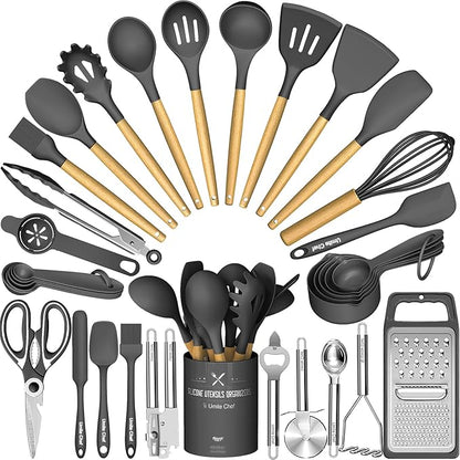 Umite Chef Silicone Kitchen Utensil Set, 34PCS Heat Resistant Kitchen Gadgets and Tools With Grater, Wood Handles for Nonstick Cookware (Dark Gray) by UmiteChef