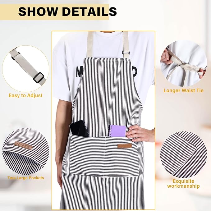 Handepo 4 Pcs Kitchen Aprons with Pockets Adjustable Waterproof Cotton Aprons Striped Apron for Women Men Chef Mother Gift - Image 3