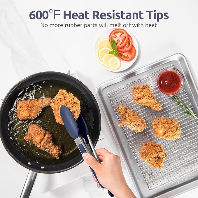 600ºF Heat Resistant Kitchen Tongs: U-Taste 9 in Silicone Cooking Tong with Firm Sealed Non Stick Rubber Tips & Silicon Coated 18/8 Stainless Steel Handle & Smooth Lock for Serving Grill-Midnight Blue - Image 3