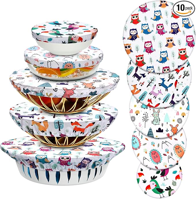Patelai 10 Pcs Bowl Covers Reusable in 5 Size Stretch Cloth Fabric Elastic Food Storage Bowl Covers Bread Sourdough Lids for Proofing Food Fruits Leftover(Multicolor,Cute Style) by Patelai