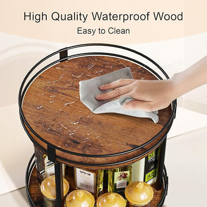 Snughome Rotating Spice Rack, 2 Tier Lazy Susan Organizer, Wood Kitchen Countertop Organizer, Brown Lazy Susan Turntable for Cabinet, 10.2" x 10.2" x 10.4" - Image 6