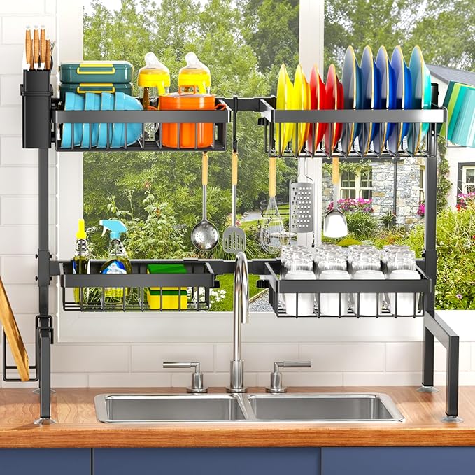 YKLSLH 4 Baskets Over The Sink Dish Drying Rack, Extendable Large Capacity Sink Rack, Metal Drying Rack Saving Space,for Most Sinks (26.57"-35") - Image 7