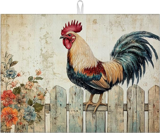 Vintage Rooster Dish Drying Mat for Kitchen Counter Farmhouse Drying Pad Absorbent Reversible Dish Drainer Rack Mats Draining Pad 18"x24"Inch by MOUNTANLLY