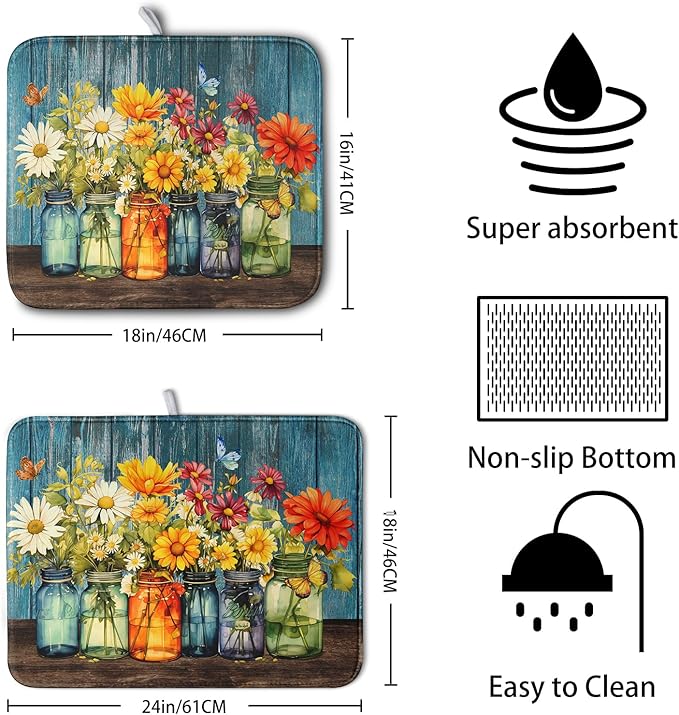 Daisy Dish Drying Mat for Kitchen Counter 18x24 Inch Rustic Vintage Flower Vases Drying Mats Microfiber Absorbent Dishes Drainer Mats Farmhouse Floral Wooden Board Dish Rack Pad - Image 2