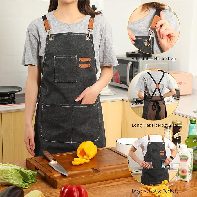 Tosewever Canvas Cross Back Chef Cotton Aprons for Men Women with Large Pockets - Image 4