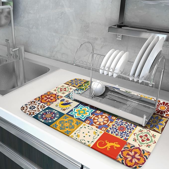 Giwawa Mexican Tile Dish Drying Mat 18"x24" Talavera Boho Floral Print Dish Drainer Mats Rustic Ethnic Traditional Reversible Large Dish Drying Pad Protector for Kitchen Countertop Decor