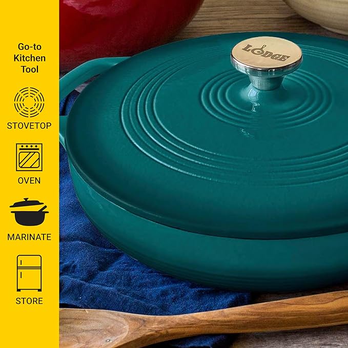 Lodge Essential Enamel Braiser - Refrigerator- & Oven-Safe up to 500° F - Heat-Retaining, Induction-Safe & PFAS-Free Enamel Cookware - 3.5 Quart, Lagoon - Image 3