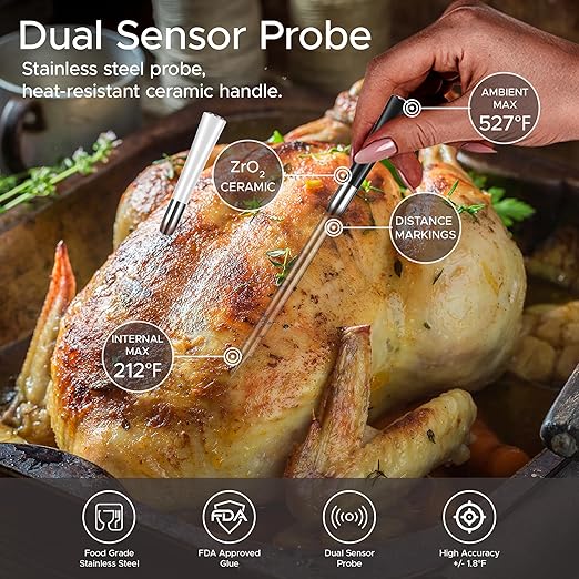 750ft Wireless Meat Thermometer Long Range for Smoker, BBQ & Rotisserie, 2 Probes Smart Bluetooth Thermometer Dual Sensor Waterproof Probe with LCD Base Station Display & App Control - Image 3
