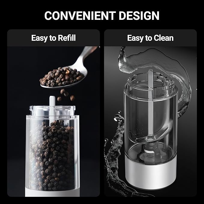 ThermoMaven 110ml Rechargeable Electric Salt and Pepper Grinder Set - 6 Adjustable Coarseness, Washable Parts, Built - in LED for Easy and Accurate Grinding, 2 Packs, Pearly White - Image 6
