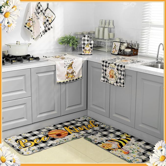 Fourluoo 10 Pcs Bee Kitchen Decor Set 4 Kitchen Towels 2 Pot Holders 2 Oven Mitts 2 Rugs Daisy Decorations for Cooking Baking Mom Housewarming Gifts - Image 7