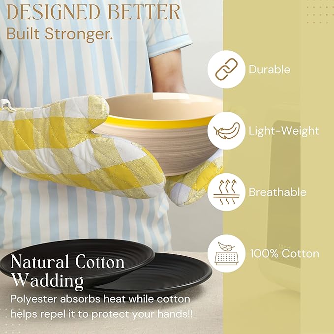 Buffalo Plaid Check Oven Mitts and Pot Holders Set, 100% Cotton, Heat Resistant, 2 Oven Gloves 7x13 Inches and 2 Hot Pads 8x8 Inches for Cooking and Baking, Lemon Yellow White