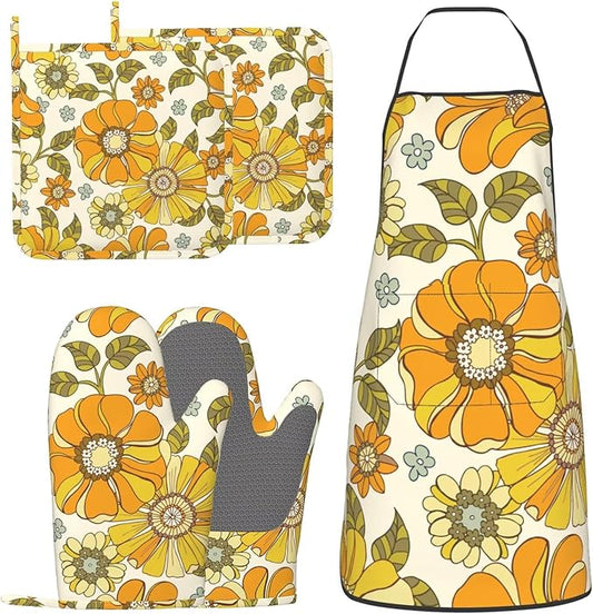 Retro 70s Style Flower Oven Mitts Pot Holders Cooking Apron Set of 5 Silicone Kitchen Glove Apron Non-Slip Heat Resistant for Chef Baking Cooking Grilling BBQ