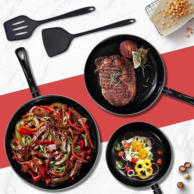hunnycook Nonstick Frying Pan Set - Iron Frying Pan 3-Piece Set (8", 10", 12") + 2 Silicone Spatulas, With Premium Nonstick Coating, Up to 450°F, Skillet Suitable for Induction, Gas & More - Image 7