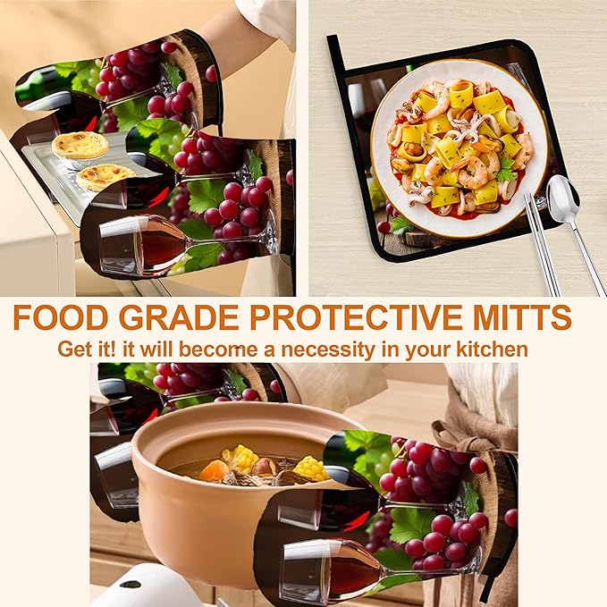Grape Wine Oven Mitts with Matching Potholders - Heat Resistant Kitchen Accessories for Baking, Grilling, Cooking, Gifts for Women