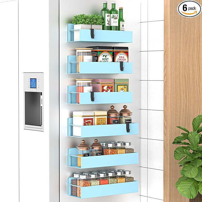 HuggieGems 6 Pack Magnetic Spice Storage Rack Organizer for Refrigerator and Oven, Blue Fridge Organizers and Storage by HuggieGems