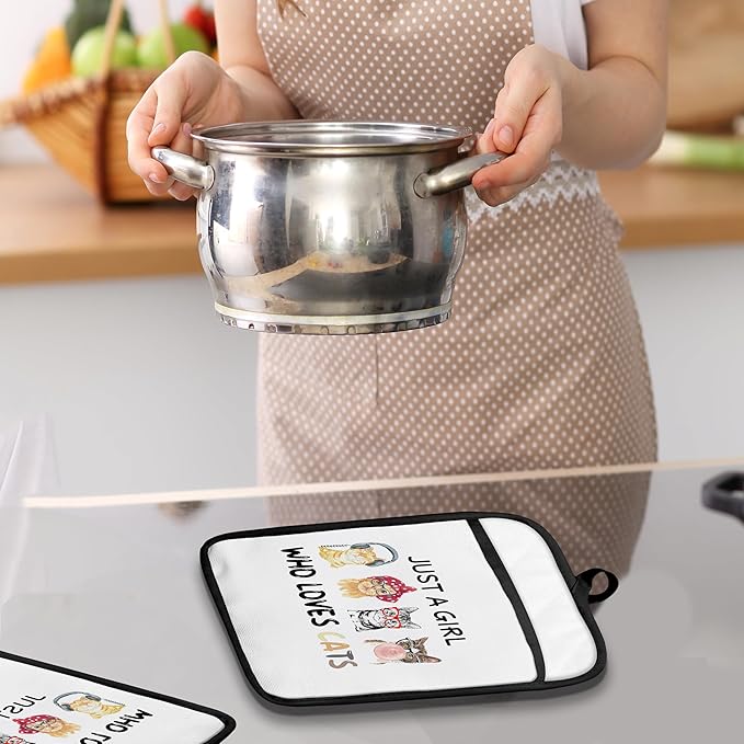 Cat Pot Holders with Pockets, Just a Girl Who Loves Cats Oven Pot Holders Heat Resistant Oven Mitts Hot Pads for Kitchen Baking Cooking