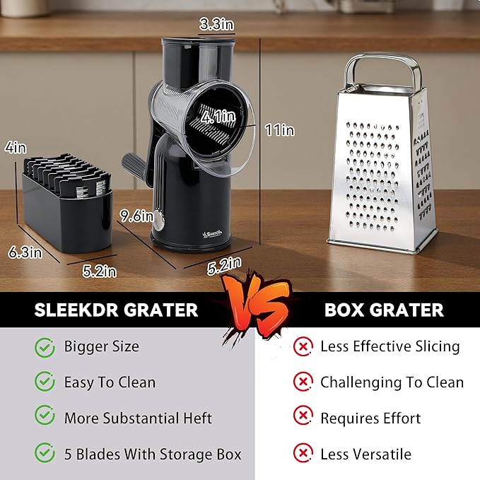 5-in-1 Rotary Cheese Grater Vegetable Slicer with Handle - Upgraded Hand Crank Cheese Grater with Handle and Strong Suction Base, Multi-Purpose Slicer with 5 Blades (Black) - Image 7