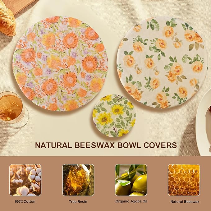 Reusable Bowl Covers for Bread Proofing - Beeswax Bowl Covers Reusable 3 Set, Cotton Blend Stretch Design, Fits 4-13 Inch Bowls, Shower Caps for Sourdough Bread, Dough Proofing & Food Storage（Flower）