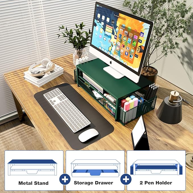 OPNICE Desk Organizers and Accessories, 2-Tier Computer Monitor Stand Riser with Drawer and 2 Pen Holders, Laptop Stand, Office Desk Accessories for Office Supplies, Dark Green - Image 4