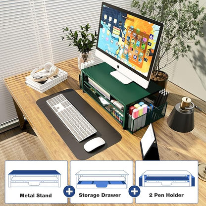 OPNICE Desk Organizers and Accessories, 2-Tier Computer Monitor Stand Riser with Drawer and 2 Pen Holders, Laptop Stand, Office Desk Accessories for Office Supplies, Dark Green - Image 4