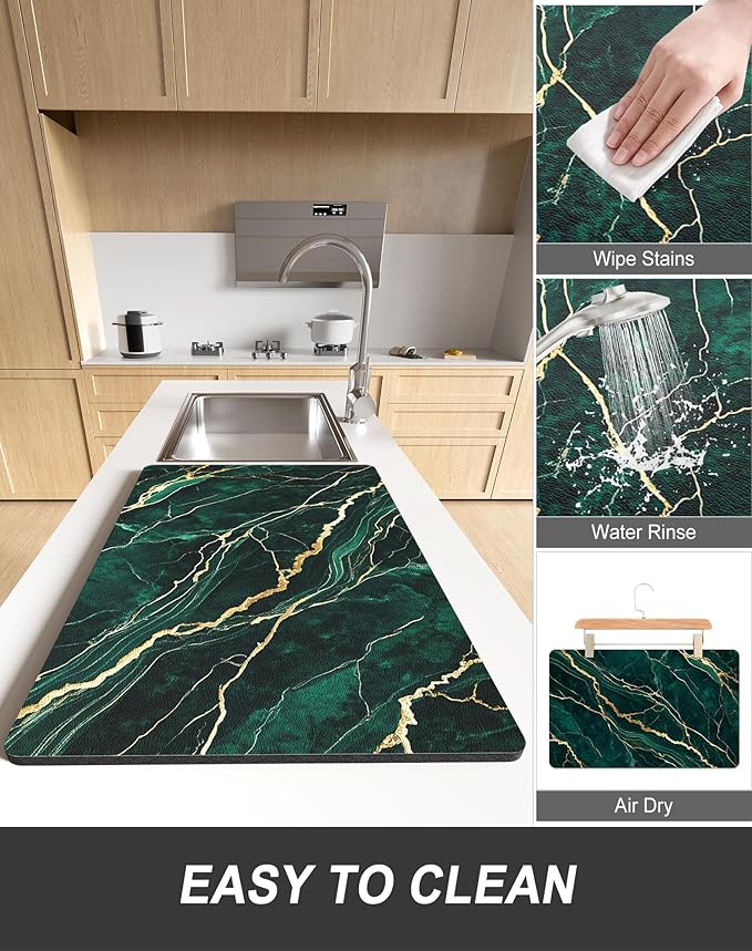 Rnivvi Dish Drying Mat for Kitchen Counter, XL 15 x 24" Cute Marble Absorbent Draining Pad, Non-Slip Heat Resistant Coffee Bar Mats for Coffee Machine Station Accessories, Green Gold Dish Rack Pad - Image 6