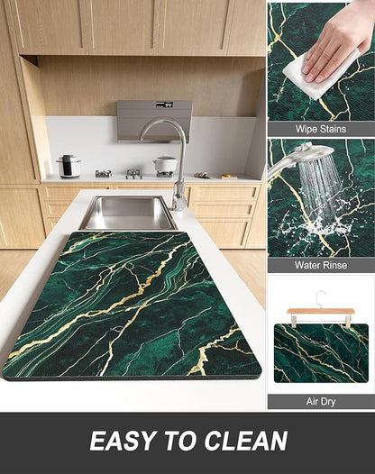Rnivvi Dish Drying Mat for Kitchen Counter, XL 15 x 24" Cute Marble Absorbent Draining Pad, Non-Slip Heat Resistant Coffee Bar Mats for Coffee Machine Station Accessories, Green Gold Dish Rack Pad - Image 6