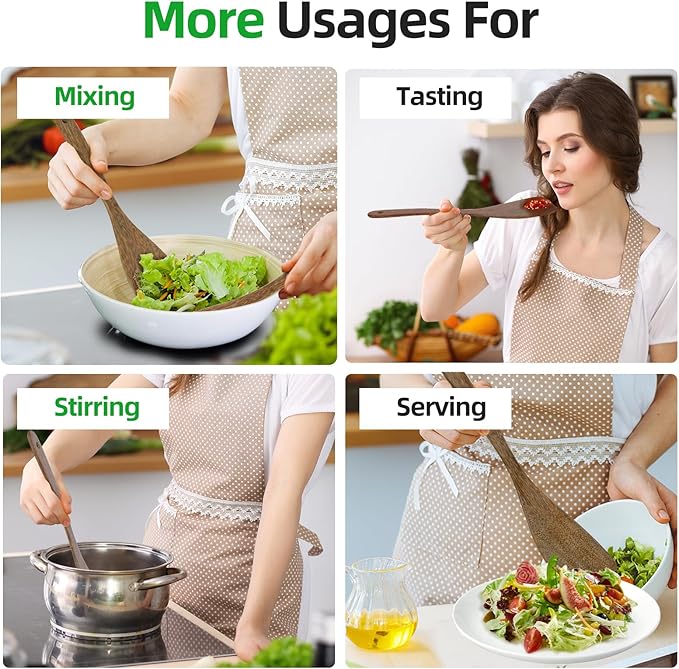 Ecavria 2PCS Wooden Spatula, 12.8IN Wooden Flat Frying Spatulas, Long Handle Wood Turner for Non-Stick Cookware, Natural Wood Cooking Utensils, Healthy, Sturdy & Heat-Resistant