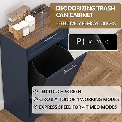 Single 10 Gallon Tilt Out Trash Can Cabinet with Deodorizing Function, Wooden Hidden Garbage Can Holder with Storage Drawers for Kitchen and Dining Room, Laundry Hamper Cabinet for Bathroom, Blue