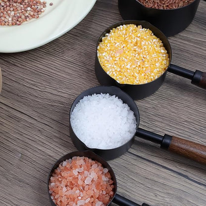 Set of 4 Measuring Cups and Spoons Black Measuring Cups with Wooden Handle Stainless Steel Measuring Spoons and Scoops Set for Kitchen Flour Spice Seasoning Measurement (1+1/2+1/3+1/4 Cup) - Image 7