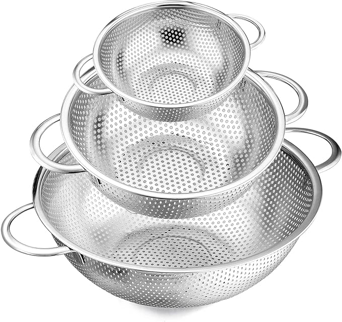 E-far Stainless Steel Colander Set of 3 (1-3-5Quart), Micro-Perforated Metal Colander Strainer with Handle for Kitchen/Draining Pasta/Rinsing Vegetables Fruits, Heavy Duty & Dishwasher Safe by E-far