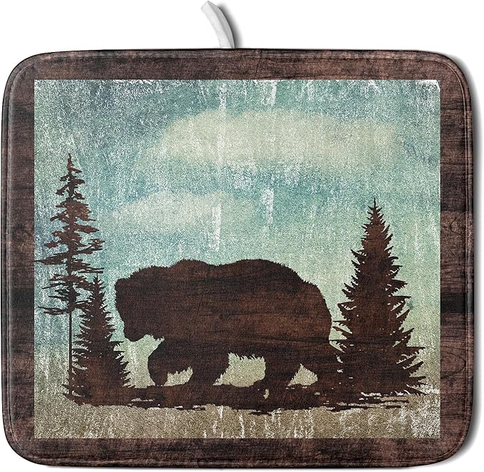 Giwawa Retro Brown Bear Forest Cabin Dish Drying Mat Countertop 16x18 Fall Blue Sky Cloud Cartoon Wild Animal Bushes Drainer Mat Pine Tree Grass Dishes Pad Rustic Floral Dish Drainer Rack