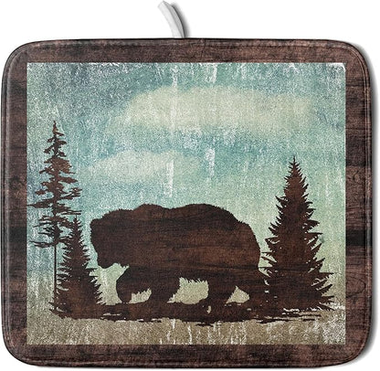 Giwawa Retro Brown Bear Forest Cabin Dish Drying Mat Countertop 16x18 Fall Blue Sky Cloud Cartoon Wild Animal Bushes Drainer Mat Pine Tree Grass Dishes Pad Rustic Floral Dish Drainer Rack