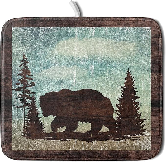 Giwawa Retro Brown Bear Forest Cabin Dish Drying Mat Countertop 16x18 Fall Blue Sky Cloud Cartoon Wild Animal Bushes Drainer Mat Pine Tree Grass Dishes Pad Rustic Floral Dish Drainer Rack