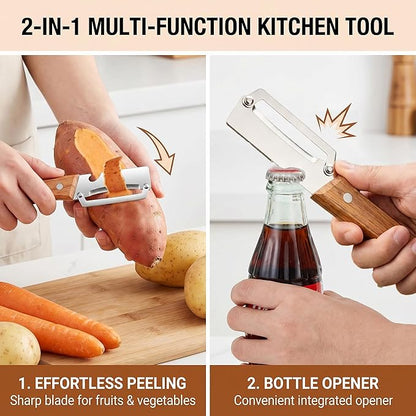 2PCS Multifunctional Vegetable Peeler with Bottle Opener, Wood Handle Stainless Steel Peeler Knife, 2 in 1 Vegetable and Fruit Peeler & Kitchen Tool for Potato, Pumpkin, Apple, Papaya, Carrot