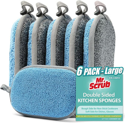 All-Purpose Sponges Kitchen, Non Scratch Dish Sponge for Washing Dishes Cleaning Kitchen, Rough Scrubbers Side for Non-Stick Cookware, Soft Microfiber Scrub Side for Dishes（6 Pack, Large） by MrScrubCleaninghelpers