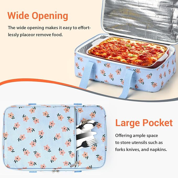 Insulated Casserole Carrier for Hot or Cold Food,Pie Carrier Bag Lunch Bag Tote for Potluck Parties/Picnic/Cookouts, Fits 9"x13" Baking Dish,Single Corduroy Flowers