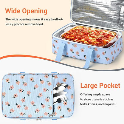 Insulated Casserole Carrier for Hot or Cold Food,Pie Carrier Bag Lunch Bag Tote for Potluck Parties/Picnic/Cookouts, Fits 9"x13" Baking Dish,Single Corduroy Flowers