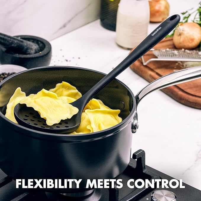 GreenPan 5 Piece Cooking Utensil Set, Flexible Nonstick Silicone, Stain-Free, Tongs, Turner, Spatula, Skimmer, and Slotted Spoon, Black - Image 8
