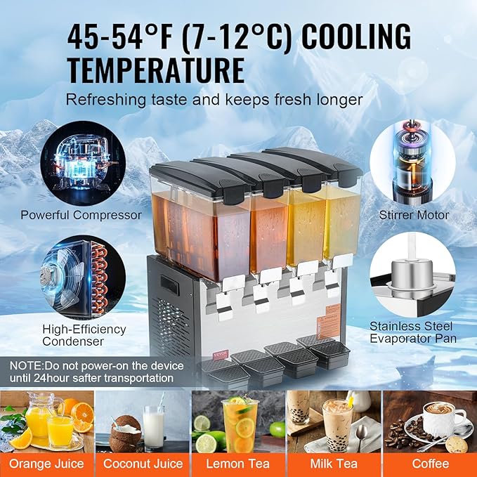 VEVOR Commercial Beverage Dispenser, 4 Tanks 10 L / 10.6 QT Per Tank Juice Dispenser, 430W Stainless Steel Ice Tea Drink Machine with 45°F-54°F Cooling Temperature, for Cold Drink Restaurant Bar Party - Image 3