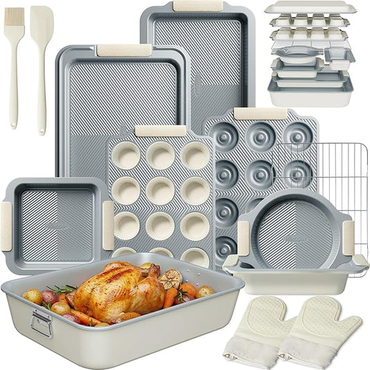 Kikcoin 25 PCS Stackable Baking Pans Set, Non-stick Bakeware Sets with Silicone Handles, 450°F Oven Safe Cookie Sheets for Baking, Easy Release Heavy-duty Baking Sheets Non Stick, Cream by Kikcoin