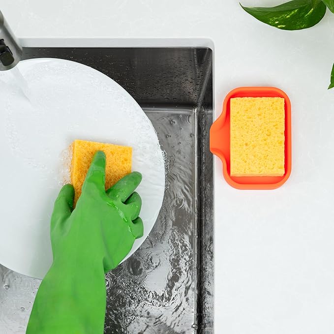 Zulay Kitchen Small Silicone Sponge Holder (4.9x3.3”) – Space-Saving Sink Organizer Tray for Sponge, Soap, Brush & More – Compact Non-Slip Dish for Kitchen & Bathroom (Orange) - Image 3
