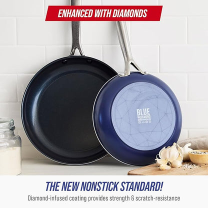 Blue Diamond 9.5” and 11" Frying Pan Skillet Set, Diamond Infused PFAS & PFOA-Free Ceramic Nonstick Pots & Pans, Durable Non Toxic Metal Utensil Safe & Scratch Resistant, Dishwasher & Oven Safe, Blue - Image 2