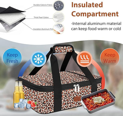 Insulated Casserole Carrier Bag, Expandable Thermal Food Carrier Insulated Travel Carry Bag for Hot or Cold Food for Picnic Cookouts Potluck Parties Fits 9" x 13" Baking Dish (Leopard)