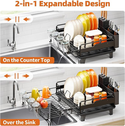 Urackify Dish Drying Rack - Extendable Dish Drainer, Large Dish Rack for Kitchen Counter, Rustproof Dish Strainer with Utensil Holder and Cups Holder, 1 Tier Black - Image 3