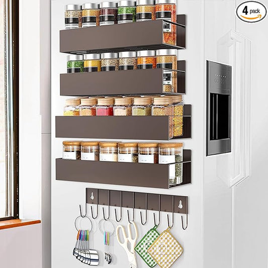 SMRCAD Magnetic Spice Rack Organizer for Fridge Seasoning Organizer for Kitchen storage with Screw Magnetic Shelf with Hook for Refrigerator and Oven (4pack1hook-Bronze) by SMRCAD