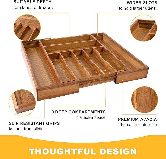 Large Premium Acacia Silverware Organizer - Expandable Drawer Organizer & Utensil Organizer - 17"x19.7" Cutlery Tray with Dividers for Kitchen Utensils and Flatware (7-9 Slots) Acacia - Image 5