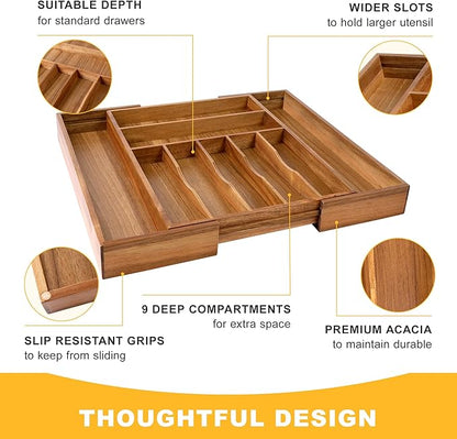 Large Premium Acacia Silverware Organizer - Expandable Drawer Organizer & Utensil Organizer - 17"x19.7" Cutlery Tray with Dividers for Kitchen Utensils and Flatware (7-9 Slots) Acacia - Image 5