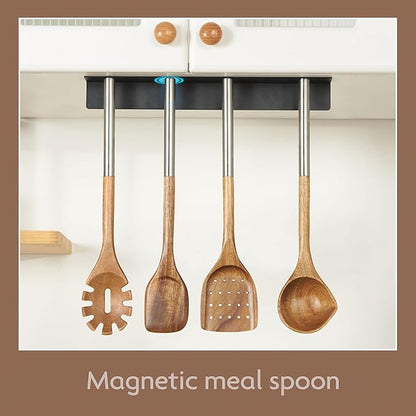 Edergoo 4 PCS Acacia Wood Cooking Utensils Set with Magnetic Hanging Handles Stainless Steel, Heat-Resistant Multi Function Cooking Tools